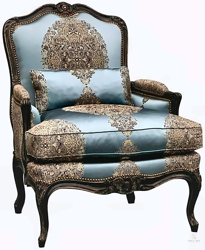 Blue silk Persian-pattern bergère chair