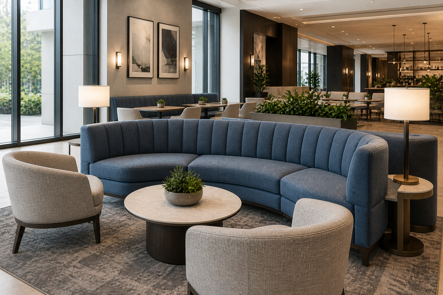 Modern hospitality lounge with curved blue banquette